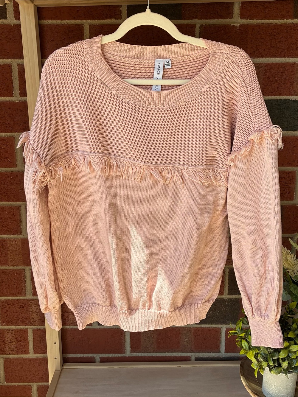 Grace+Karma Blush Pink Fringe Sweater‎ Sz Med Drop Shoulder Balloon Sleeve Boho
